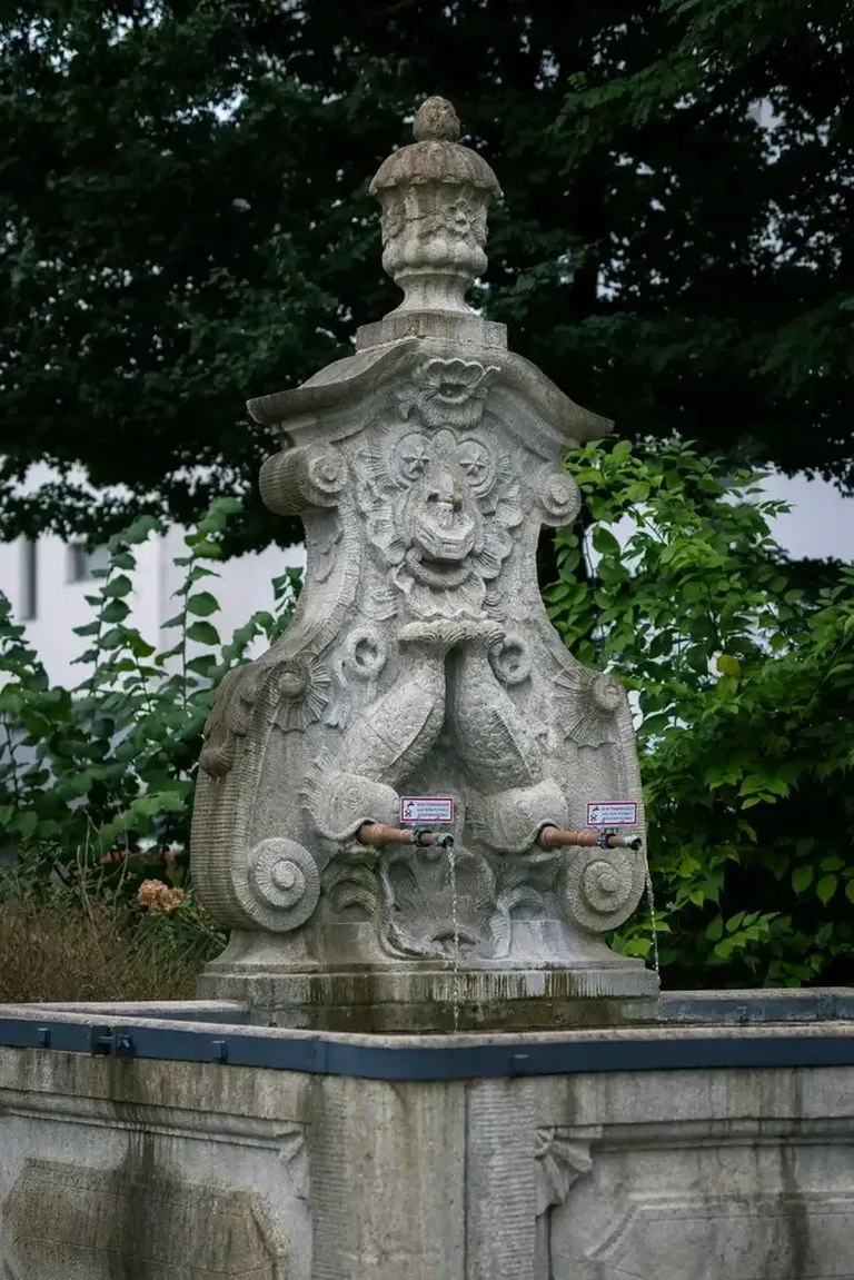 Historischer Steinbrunnen mit kunstvoller Verzierung beim Vitus-Areal in Winterthur.